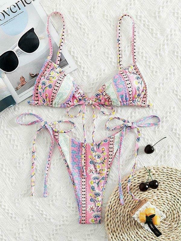 Vintage Floral Lace-Up Bikini Set - Y2K Fashion Swimwear for Women