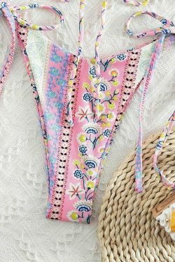 Vintage Floral Lace-Up Bikini Set - Y2K Fashion Swimwear for Women