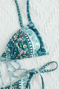 Vintage Floral Lace-Up Bikini Set - Y2K Fashion Swimwear for Women