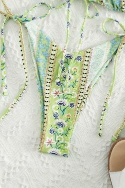 Vintage Floral Lace-Up Bikini Set - Y2K Fashion Swimwear for Women