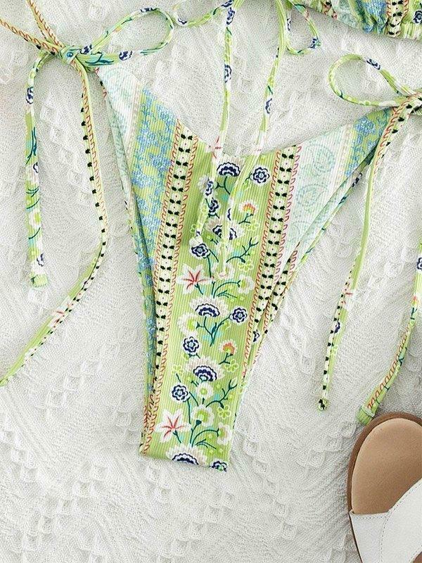 Vintage Floral Lace-Up Bikini Set - Y2K Fashion Swimwear for Women