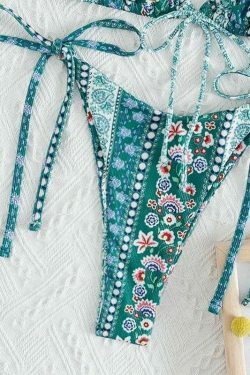 Vintage Floral Lace-Up Bikini Set - Y2K Fashion Swimwear for Women