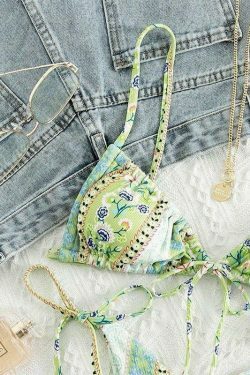 Vintage Floral Lace-Up Bikini Set - Y2K Fashion Swimwear for Women