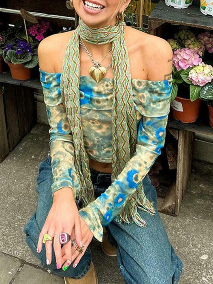 Vintage Floral Mesh Off-Shoulder Top - Y2K Aesthetic Fashion for Women