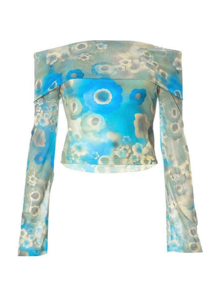 Vintage Floral Mesh Off-Shoulder Top - Y2K Aesthetic Fashion for Women