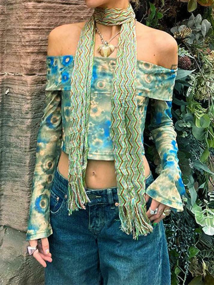 Vintage Floral Mesh Off-Shoulder Top - Y2K Aesthetic Fashion for Women