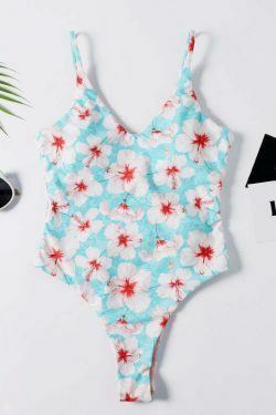 Vintage Floral One-Piece Swimsuit with Plunging Neckline - Y2K Fashion Swimwear