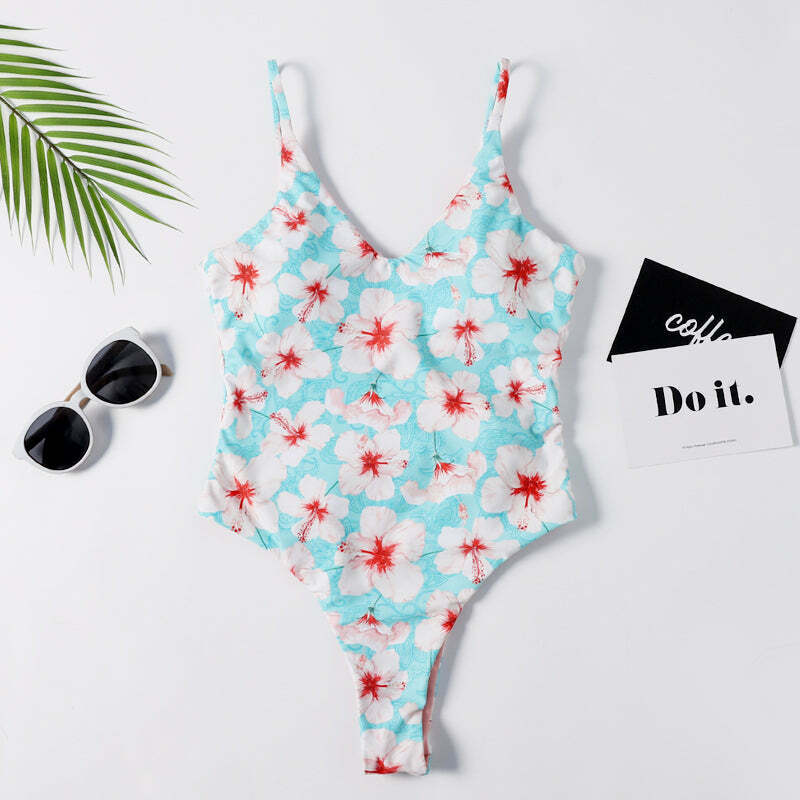 Vintage Floral One-Piece Swimsuit with Plunging Neckline - Y2K Fashion Swimwear