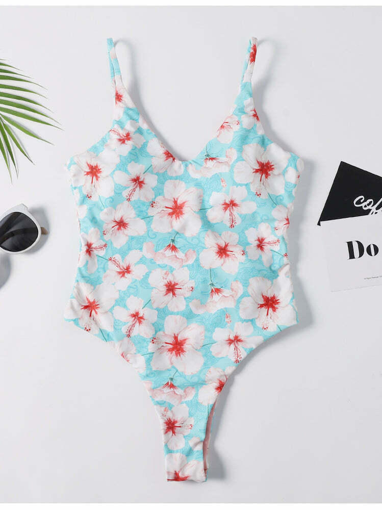 Vintage Floral One-Piece Swimsuit with Plunging Neckline - Y2K Fashion Swimwear