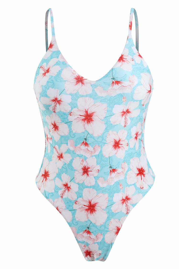 Vintage Floral One-Piece Swimsuit with Plunging Neckline - Y2K Fashion Swimwear