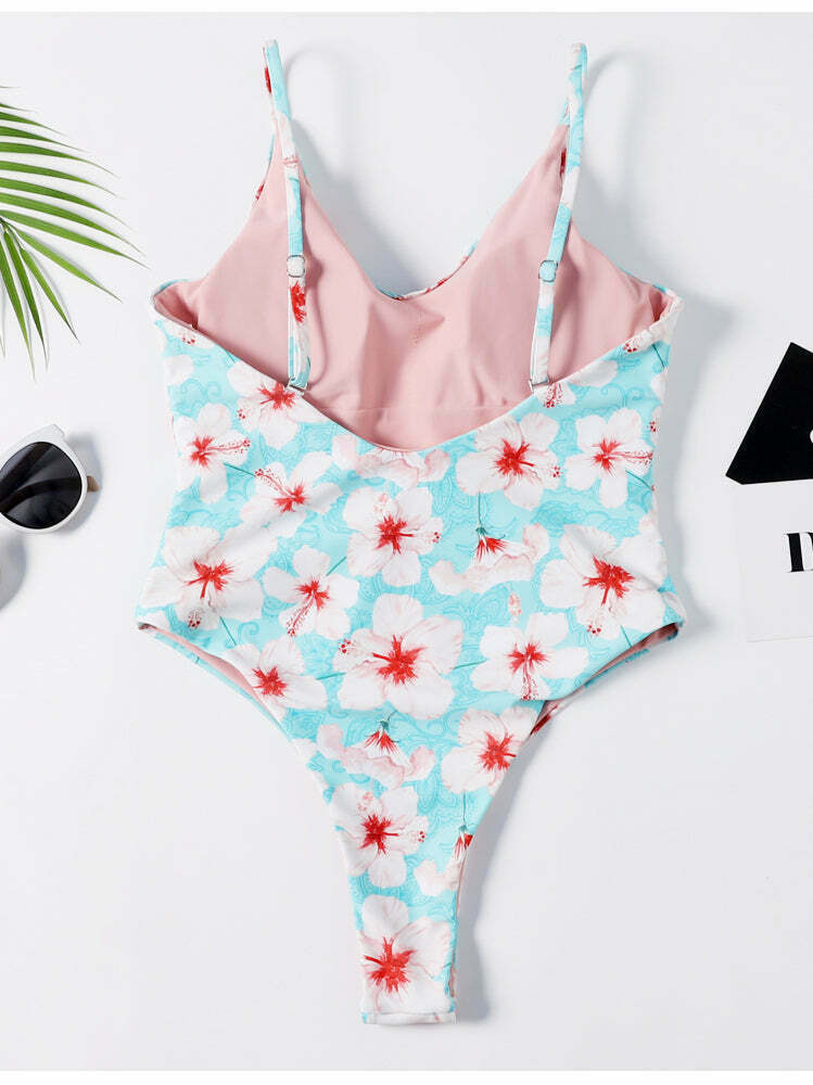 Vintage Floral One-Piece Swimsuit with Plunging Neckline - Y2K Fashion Swimwear