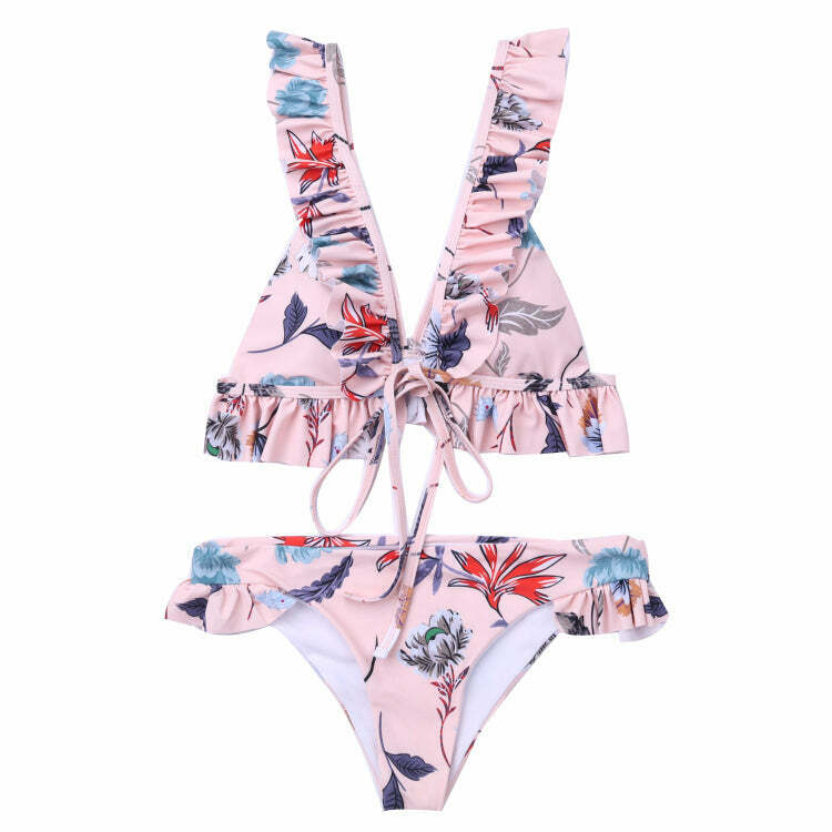 Vintage Floral Print High Leg Bikini - Y2K Fashion Swimwear for Women