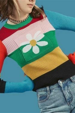 Vintage Flower Knitted Sweater - Y2K Aesthetic Coquette Style - Grunge Fashion Statement Piece