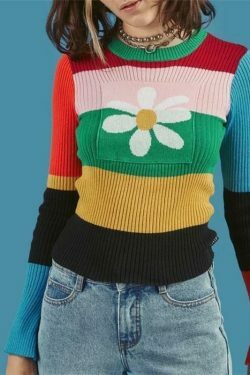 Vintage Flower Knitted Sweater - Y2K Aesthetic Coquette Style - Grunge Fashion Statement Piece