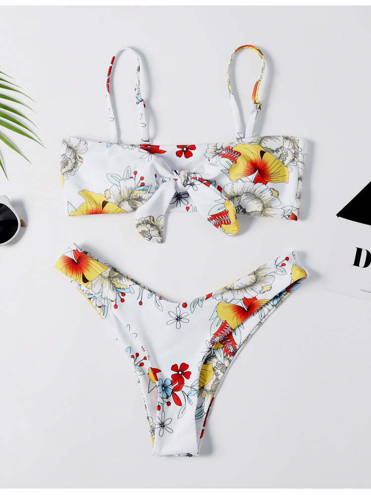 Vintage Flower Print Bikini Set - Y2K Fashion Retro Swimsuit for Women