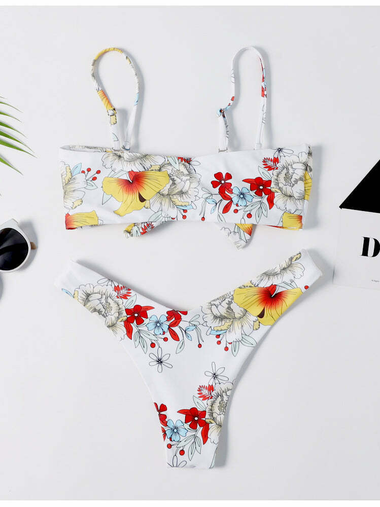 Vintage Flower Print Bikini Set - Y2K Fashion Retro Swimsuit for Women