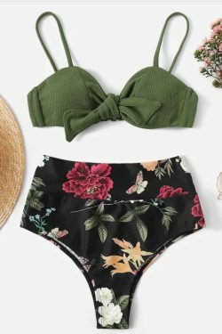 Vintage Flower Print Bikini Set with Tie Front Detail - Y2K Fashion Swimwear for Women