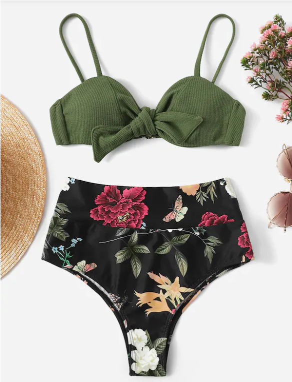 Vintage Flower Print Bikini Set with Tie Front Detail - Y2K Fashion Swimwear for Women