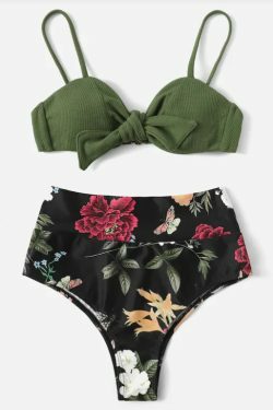 Vintage Flower Print Bikini Set with Tie Front Detail - Y2K Fashion Swimwear for Women