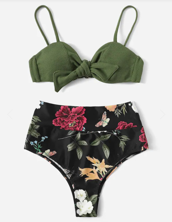 Vintage Flower Print Bikini Set with Tie Front Detail - Y2K Fashion Swimwear for Women