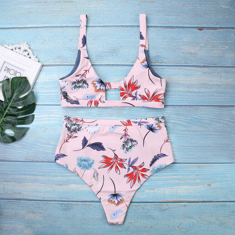 Vintage Flower Print High Waisted Bikini Set - Y2K Fashion Swimwear for Women