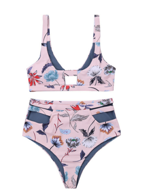 Vintage Flower Print High Waisted Bikini Set - Y2K Fashion Swimwear for Women
