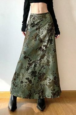 Vintage Flower Print Irregular Splice Midi Skirt in Y2K Aesthetic Style