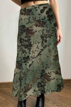 Vintage Flower Print Irregular Splice Midi Skirt in Y2K Aesthetic Style