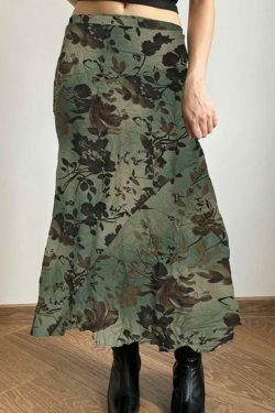 Vintage Flower Print Irregular Splice Midi Skirt in Y2K Aesthetic Style