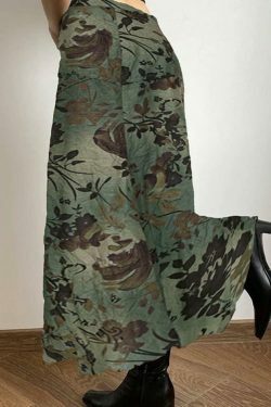 Vintage Flower Print Irregular Splice Midi Skirt in Y2K Aesthetic Style