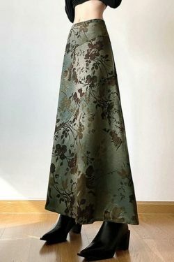 Vintage Flower Print Irregular Splice Midi Skirt in Y2K Aesthetic Style