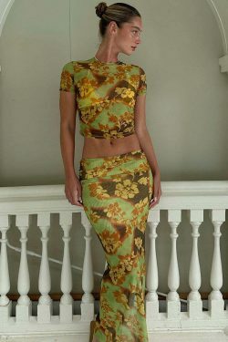 Vintage Flower Print Mesh Skirt Suit - Y2K Fashion Aesthetic Outfit for Women