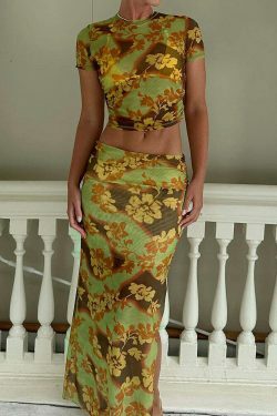 Vintage Flower Print Mesh Skirt Suit - Y2K Fashion Aesthetic Outfit for Women