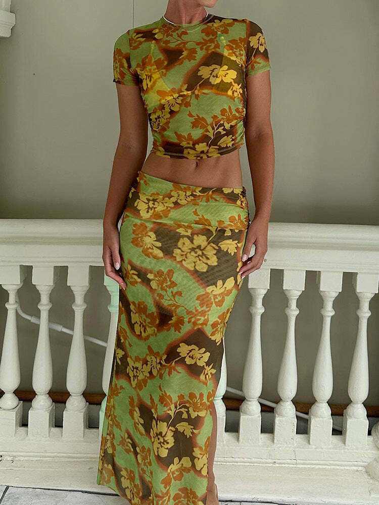 Vintage Flower Print Mesh Skirt Suit - Y2K Fashion Aesthetic Outfit for Women