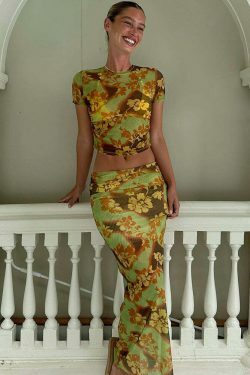 Vintage Flower Print Mesh Skirt Suit - Y2K Fashion Aesthetic Outfit for Women