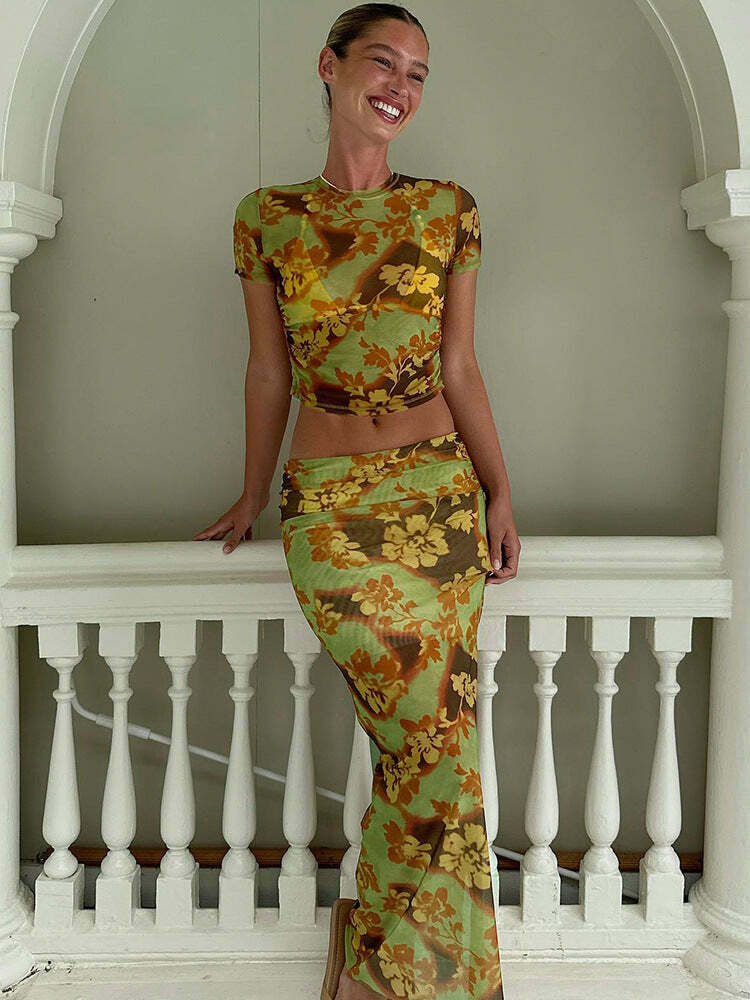 Vintage Flower Print Mesh Skirt Suit - Y2K Fashion Aesthetic Outfit for Women
