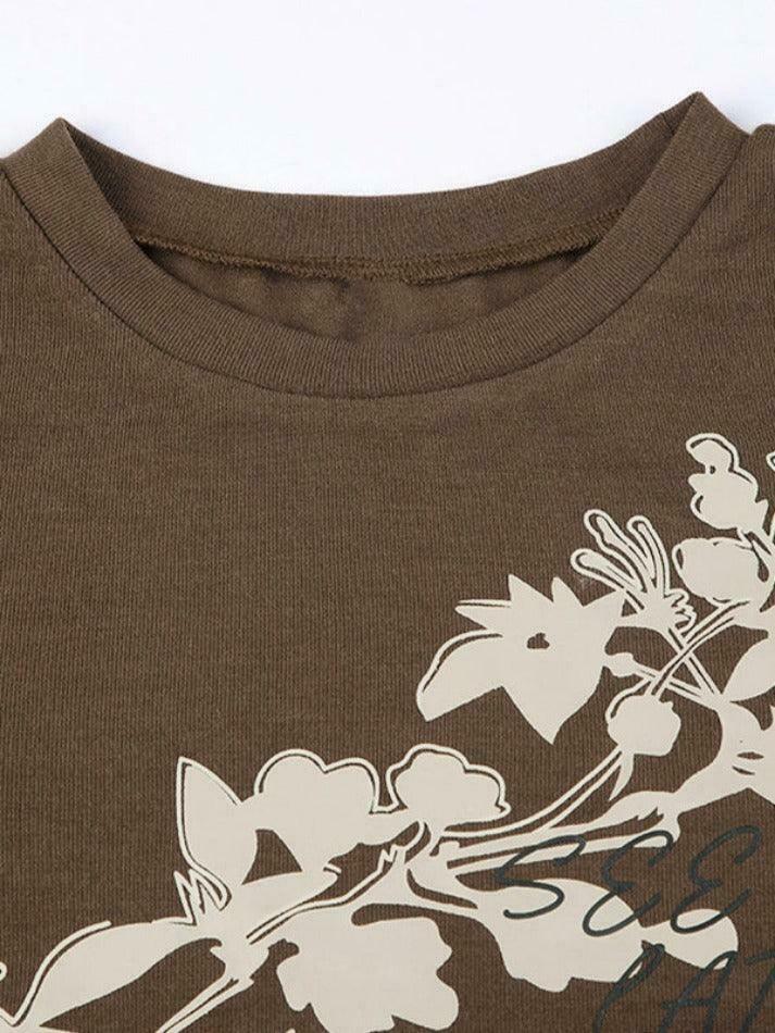 Vintage Flower Print Trumpet Sleeve Long Sleeve Tee - Y2K Fashion Aesthetic Women's Top