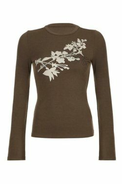 Vintage Flower Print Trumpet Sleeve Long Sleeve Tee - Y2K Fashion Aesthetic Women's Top