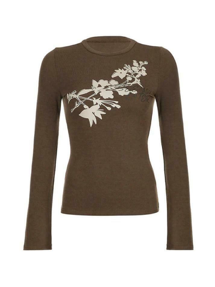 Vintage Flower Print Trumpet Sleeve Long Sleeve Tee - Y2K Fashion Aesthetic Women's Top