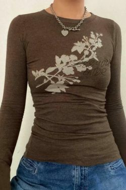 Vintage Flower Print Trumpet Sleeve Long Sleeve Tee - Y2K Fashion Aesthetic Women's Top