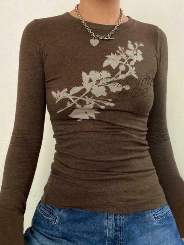 Vintage Flower Print Trumpet Sleeve Long Sleeve Tee - Y2K Fashion Aesthetic Women's Top