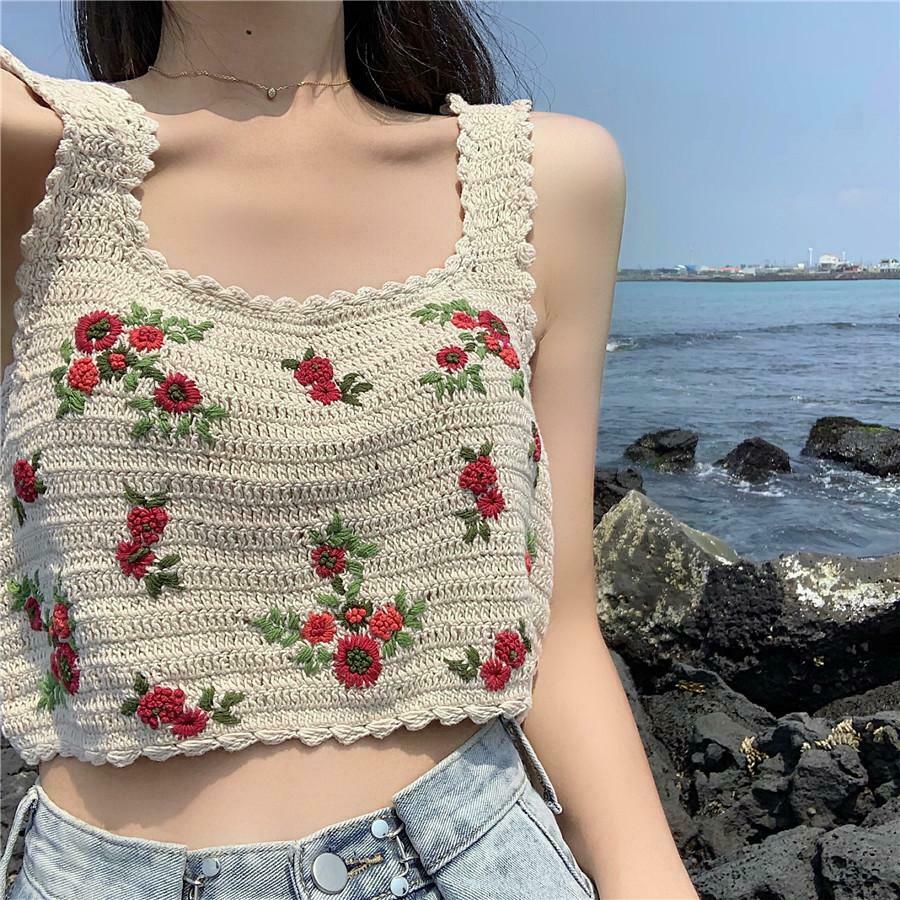 Vintage Flowers Embroidery Knitted Crop Top - Y2K Aesthetic Fashion Statement