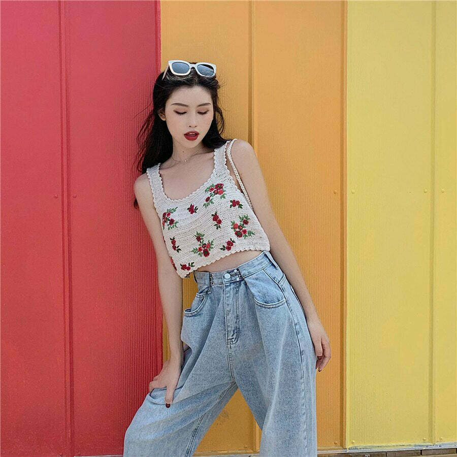 Vintage Flowers Embroidery Knitted Crop Top - Y2K Aesthetic Fashion Statement