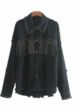 Vintage Fringe Beaded Oversized Jacket - Y2K Fashion Statement Piece for Women