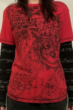 Vintage Graphic Print Oversized Long Sleeve Tee - Y2K Fashion Aesthetic Women's Clothing