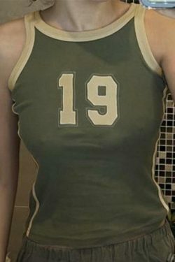 Vintage Green Number Print Slim Tank Top - Y2K Aesthetic - Coquette & Grunge Style