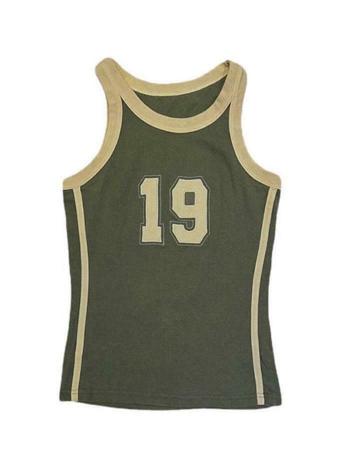Vintage Green Number Print Slim Tank Top - Y2K Aesthetic - Coquette & Grunge Style