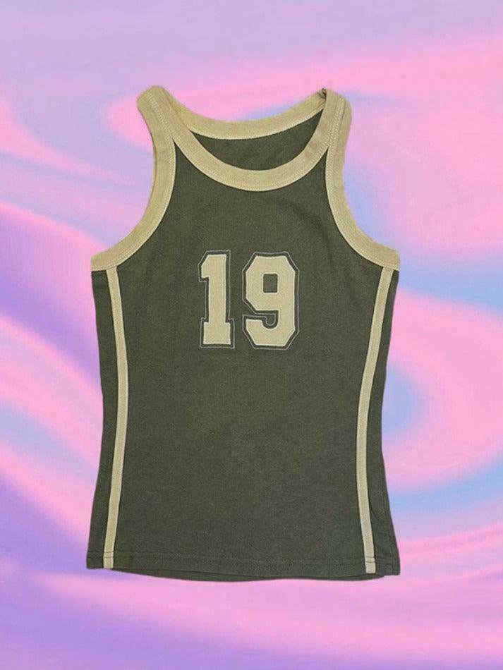 Vintage Green Number Print Slim Tank Top - Y2K Aesthetic - Coquette & Grunge Style