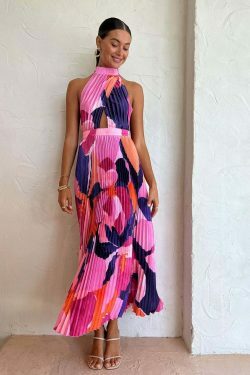 Vintage Halter Neck Pleated Maxi Dress - Y2K Coquette Grunge Pastel Goth