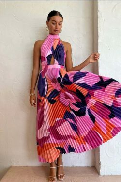 Vintage Halter Neck Pleated Maxi Dress - Y2K Coquette Grunge Pastel Goth